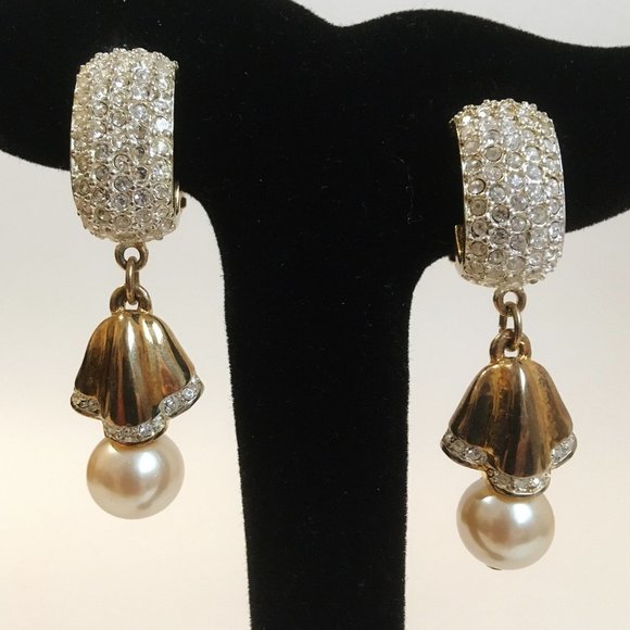 Drop Clip-on Earrings White Faux Pearl Crystal - Picture 1 of 6